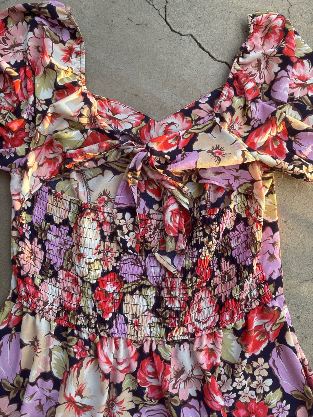 Lily Rose Floral Puff Sleeve Smocked A-Line Dress XL Black Purple Red Cream Tie - Picture 4 of 7